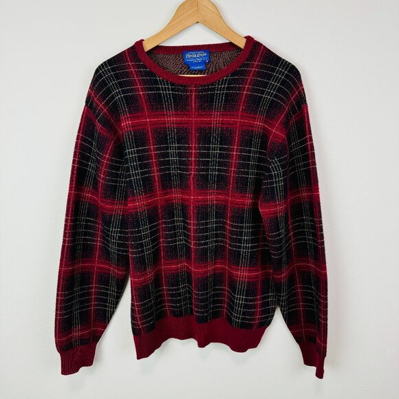 Pendleton Merino Wool Red Plaid Sweater Mens Medium pullover - Picture 2 of 6